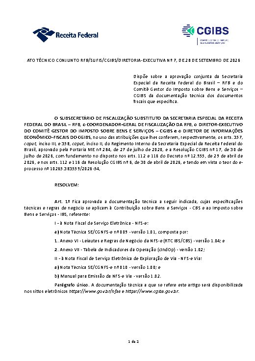 ATO TÉCNICO CONJUNTO RFB/SUFIS/CGIBS/DIRETORIA-EXECUTIVA Nº 7, DE 28 DE SETEMBRO DE 2026